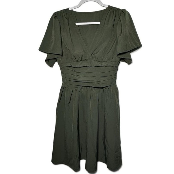 Olive Army Green V-Neck Flutter‎ Sleeve Ruched Waist A-Line Mini Dress small - Picture 2 of 15